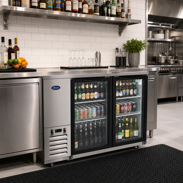 Product image #3 for Atosa 57-4/5-Inch Two-Section Glass Door Back Bar Cooler, 17.3 Cu. Ft., Self-Contained Side-Mount Refrigeration