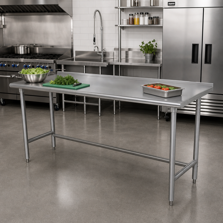Product image #2 for Advance Tabco 108-Inch x 24-Inch 16-Gauge 304 Stainless Steel Work Table with 1-1/2-Inch Rear Up-Turn and Open Galvanized Base