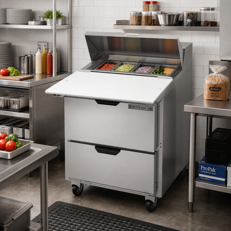 Product image #3 for Beverage-Air SPED27HC-C 27-Inch One-Section Sandwich Prep Table with 2 Drawers and 17-Inch Cutting Board