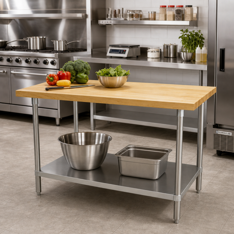 Product image #2 for Advance Tabco Maple Top Work Table with Stainless Steel Base and Adjustable Undershelf, 48 x 24 Inches