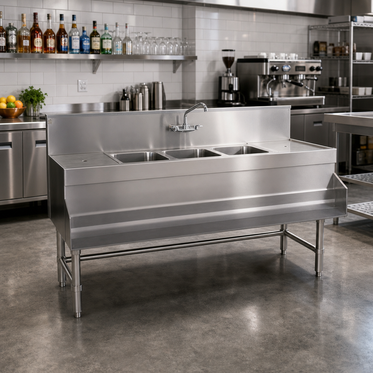 Product image #2 for Eagle Group Spec-Bar Three-Compartment Underbar Sink Unit with Dual Drainboards, 96"W x 24"D x 37"H