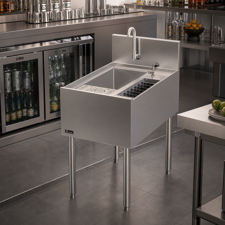 Product image #2 for Perlick Tobin Ellis Signature 18-Inch Freestanding Single-Compartment Underbar Utility Sink with Glass Rinser and Tool Caddy