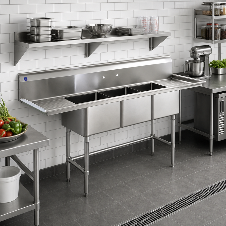Product image #2 for BlendPort BPFC Series 3-Compartment Sink with Dual 18-Inch Drainboards, 18 x 18 x 14-Inch Bowls, 304 Stainless Steel