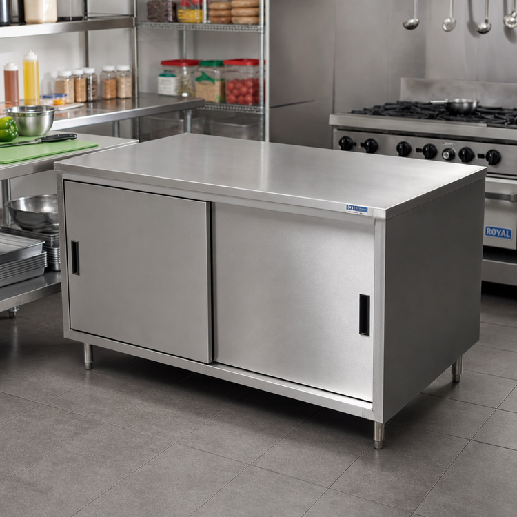 Product image #2 for BK Resources 48 x 24 Inch Stainless Steel Chef Table with Cabinet Base and Sliding Doors