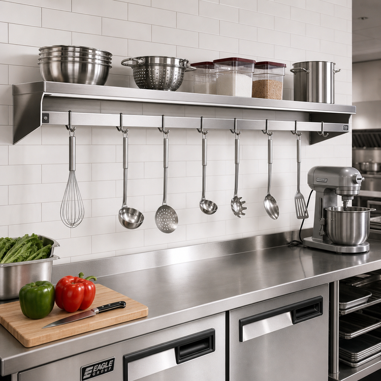 Product image #2 for Eagle Group 120 Inch Wall-Mounted Stainless Steel Shelf with Pot Rack and 10 Hooks