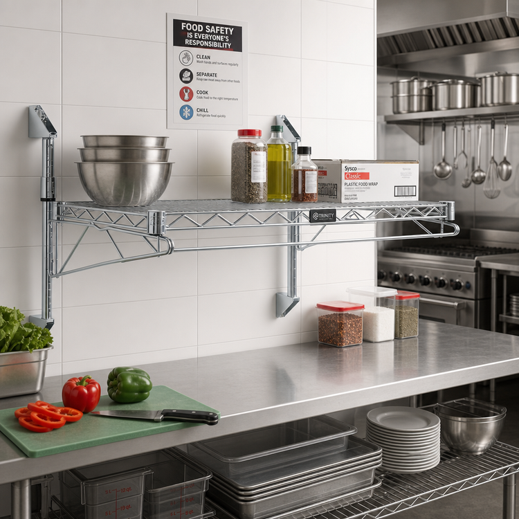 Product image #2 for Quantum Cantilever Single Shelf Wall-Mount Kit — 30 Inches W x 14 Inches D Wire Shelf, Gray Epoxy Antimicrobial (NSF)