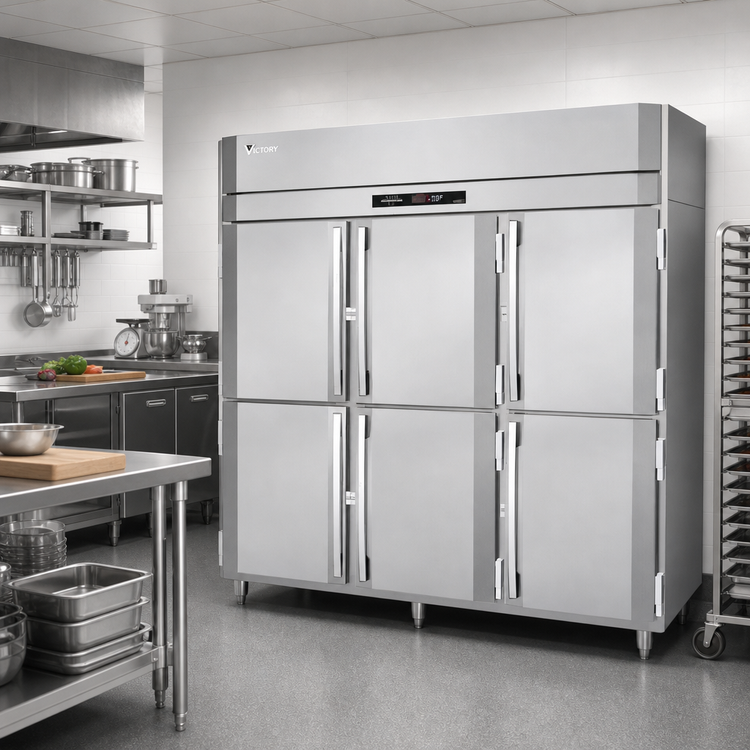 Product image #2 for Victory UltraSpec V-Core Three-Section Reach-In Freezer with Six Half-Height Solid Hinged Doors, Self-Contained, Standard Depth
