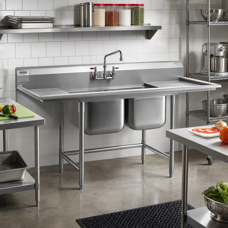 Product image #2 for Eagle Group 314 Series 2-Compartment Stainless Steel Sink with Left & Right Drainboards, 76 Inch Wide