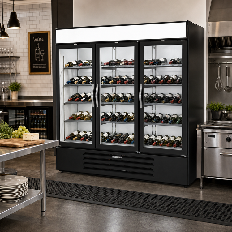 Product image #3 for Beverage-Air MarketMax 3-Section Reach-In Wine Merchandiser, 3 Double-Pane Hinged Glass Doors, Bottom-Mount, Black, 70.19 Cu. Ft.