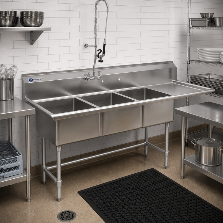 Product image #2 for Eagle Group BlendPort® BPFC Series 3-Compartment 16-Gauge 304 Stainless Steel Sink with Right 24-Inch Drainboard, 18 x 24-Inch Bowls