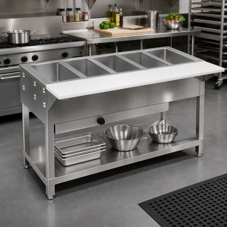 Product image #2 for Klinger's Trading WB5H Gas 5-Well Open Well Steam Table with Open Shelf Base and 8-Inch Serving Board