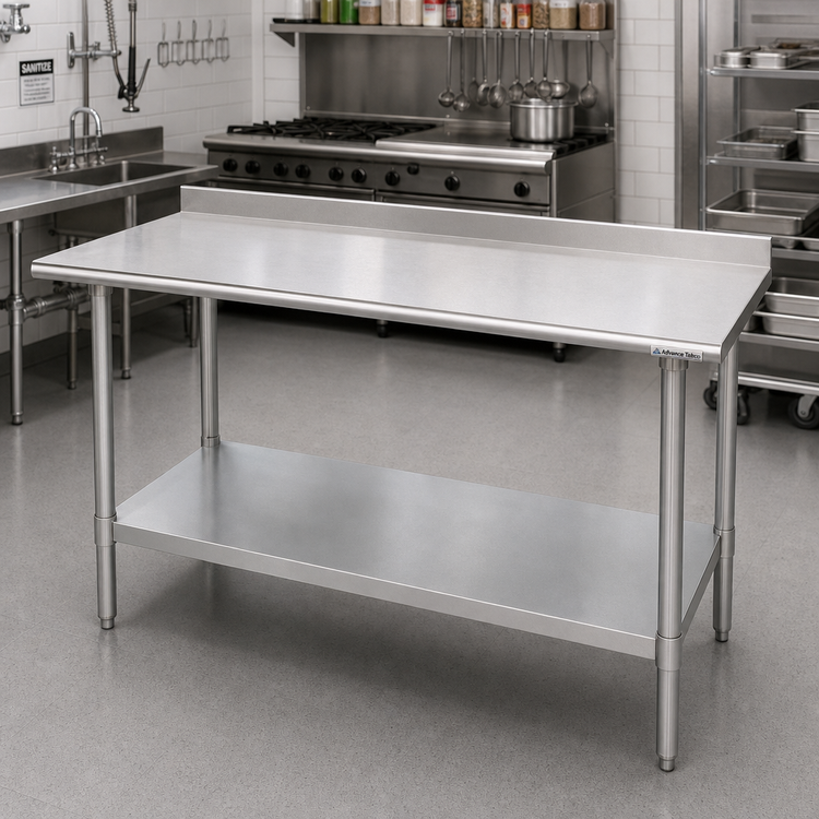 Product image #2 for Advance Tabco Special Value Series 48" x 30" 18-Gauge 430 Stainless Steel Work Table with 5" Backsplash and Galvanized Undershelf