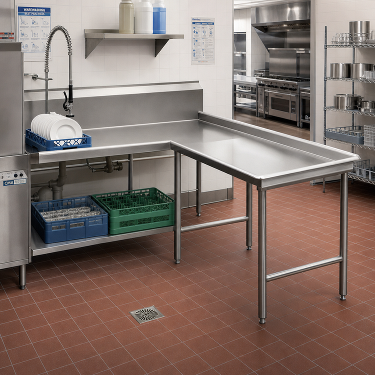 Product image #2 for Advance Tabco DTC-G30-108R Island-Clean L-Shaped Right-Attach Dish Table, 107 Inch, 14 Gauge 304 Stainless Steel