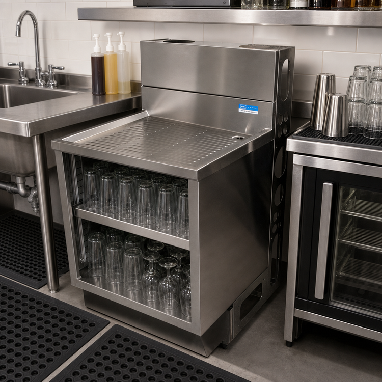 Product image #3 for BK Resources 30-Inch Underbar Glass Rack Cabinet with Drainboard Top, Open Front Base, and Adjustable Shelf