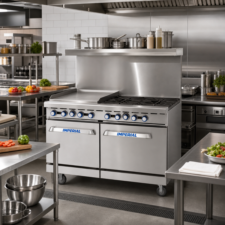 Product image #2 for Imperial Pro Series 48-Inch Gas Restaurant Range with 48-Inch Griddle, Standard Oven, Open Cabinet Base, and Hi-Shelf Backriser