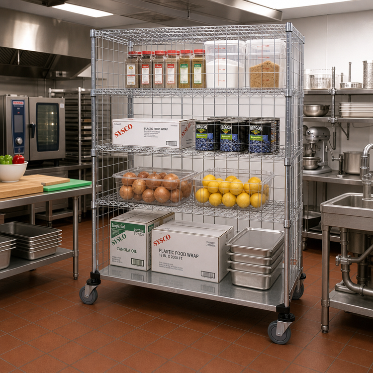 Product image #2 for Quantum 5-Shelf Mobile Wire Enclosed Cart, 60"W x 24"D x 69"H, Chrome Plated Finish