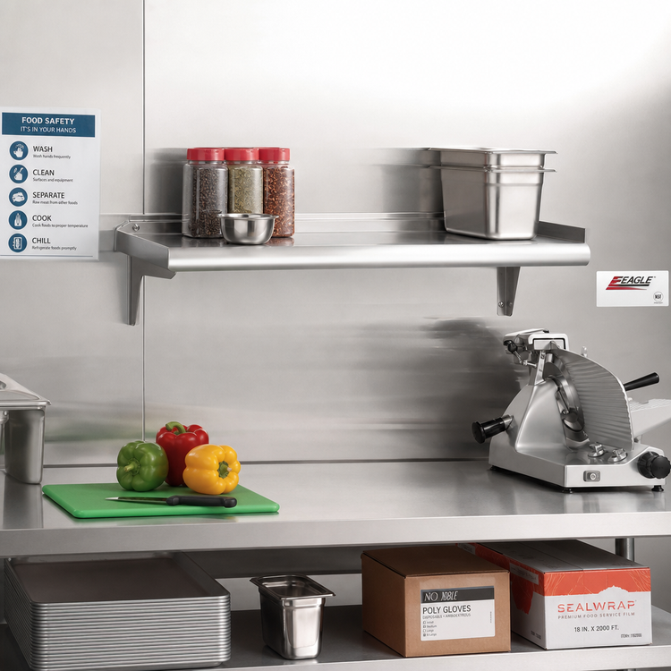 Product image #2 for Eagle Group Snap-n-Slide 48-Inch x 12-Inch Wall-Mounted Shelf, Rolled Front Edge, 304 Stainless Steel