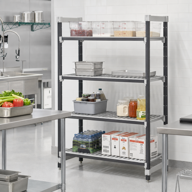 Product image #2 for Cambro Camshelving Elements XTRA 4-Tier Stationary Starter Polymer Shelving Unit, 18" D x 54" W x 64" H, Vented, Speckled Gray