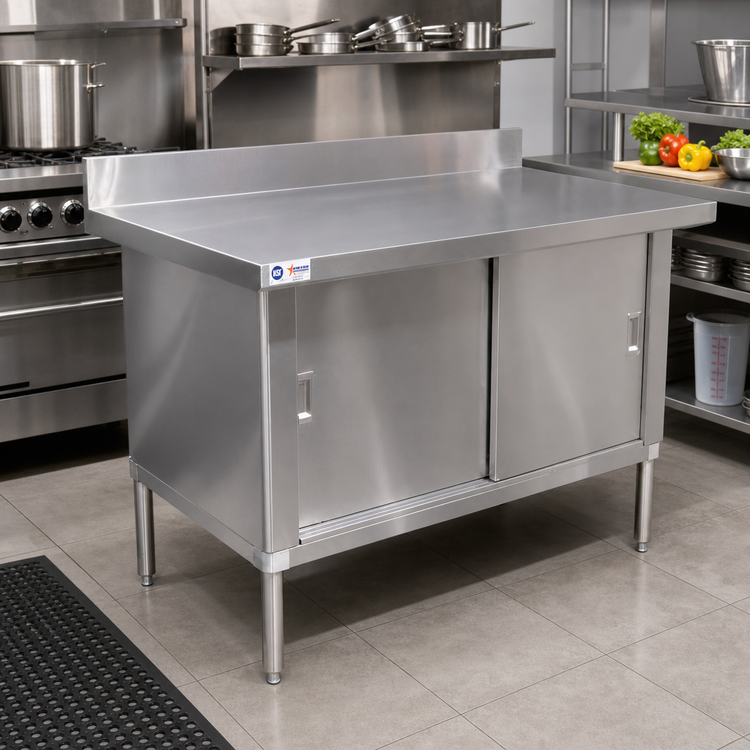 Product image #2 for 60-Inch Stainless Steel Enclosed Work Table with Sliding Doors and 4-Inch Backsplash