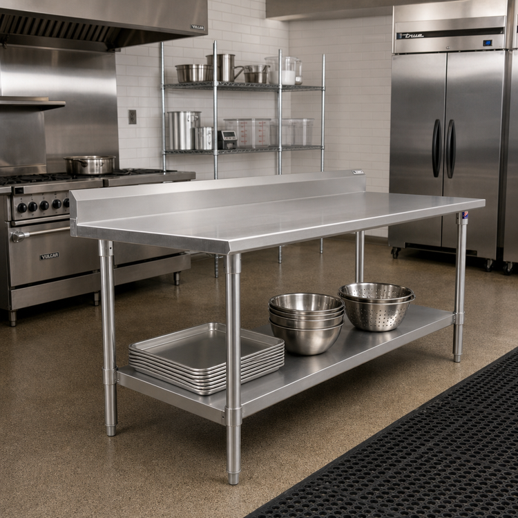 Product image #2 for John Boos Stallion 120-Inch x 36-Inch 16-Gauge 300-Series Stainless Steel Work Table with 5-Inch Backsplash