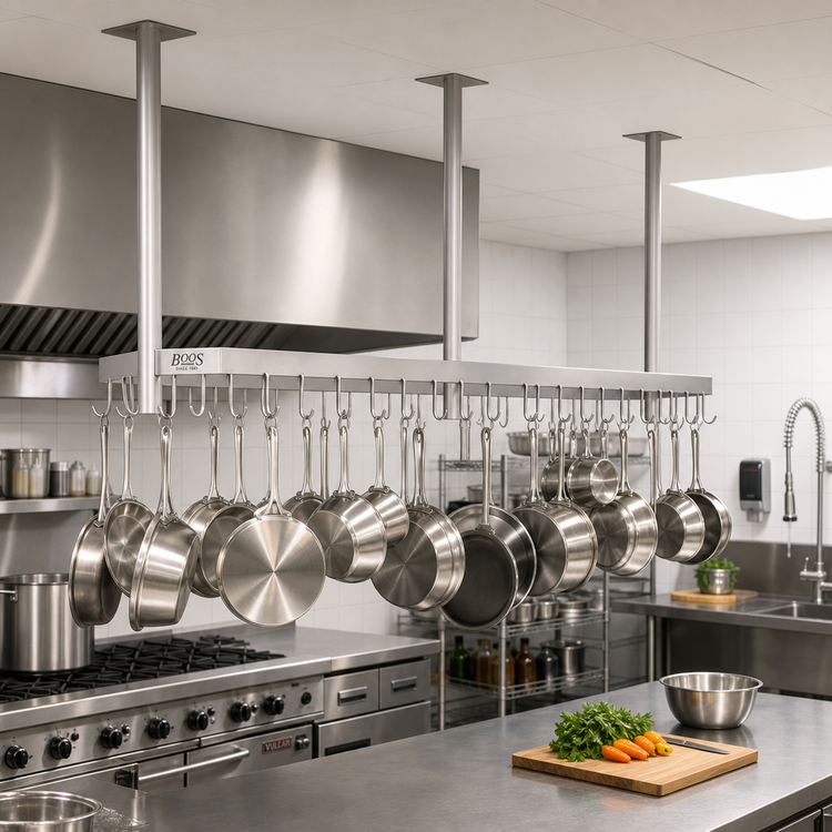 Product image #2 for John Boos Ceiling-Mounted Square Stainless Steel Pot Rack with 21 Double Hooks