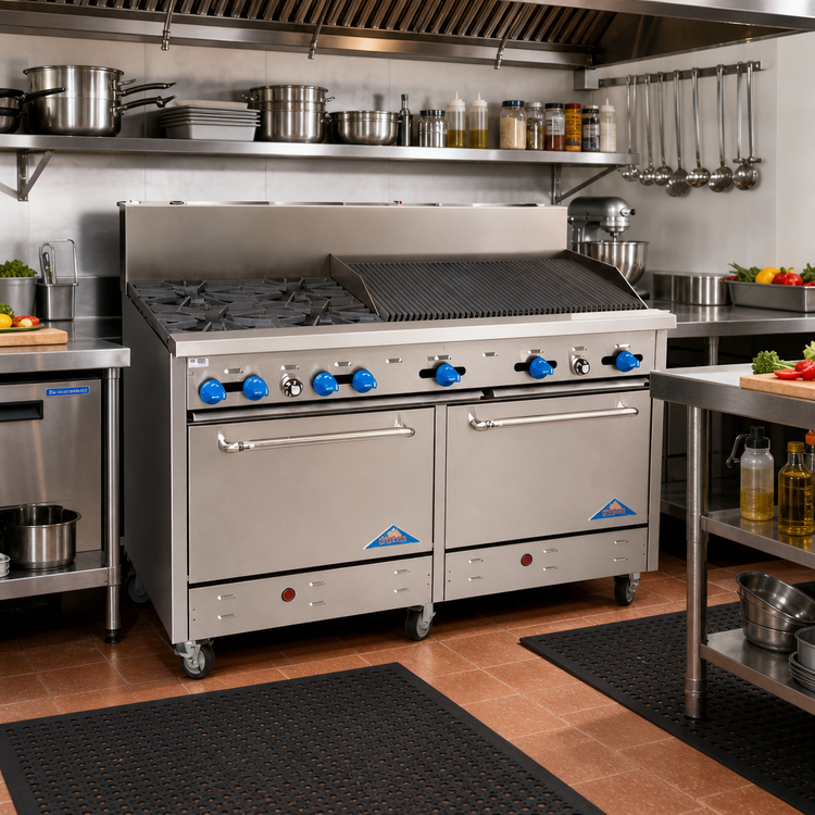 Product image #2 for Comstock-Castle F3226-3RB 60-Inch Commercial Gas Range with 4 Star Open Burners, 36-Inch Char-Broiler, 2 Standard Ovens, and High Backguard