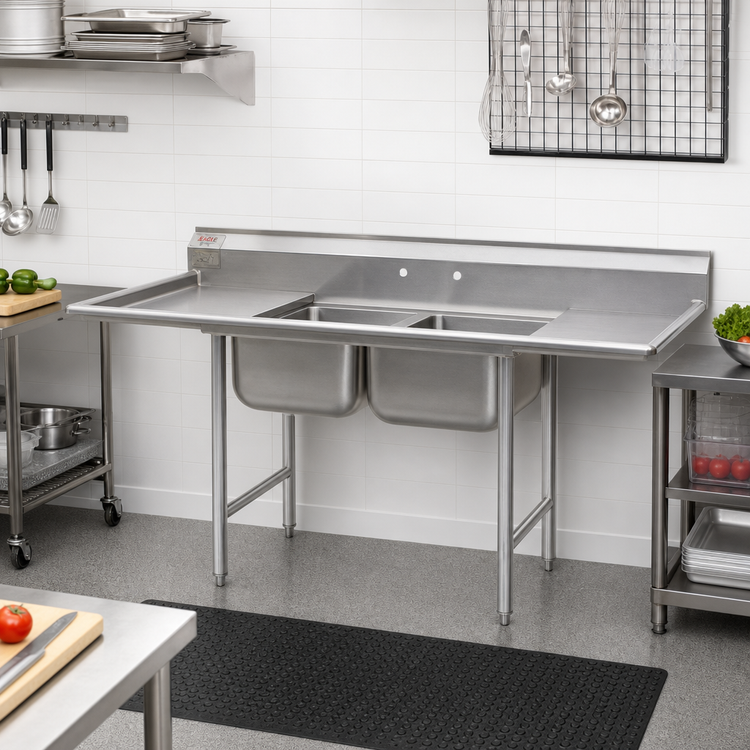 Product image #2 for Eagle Group 412 Series Two-Compartment Stainless Steel Sink with Left and Right Drainboards, 84-1/4 Inch Wide