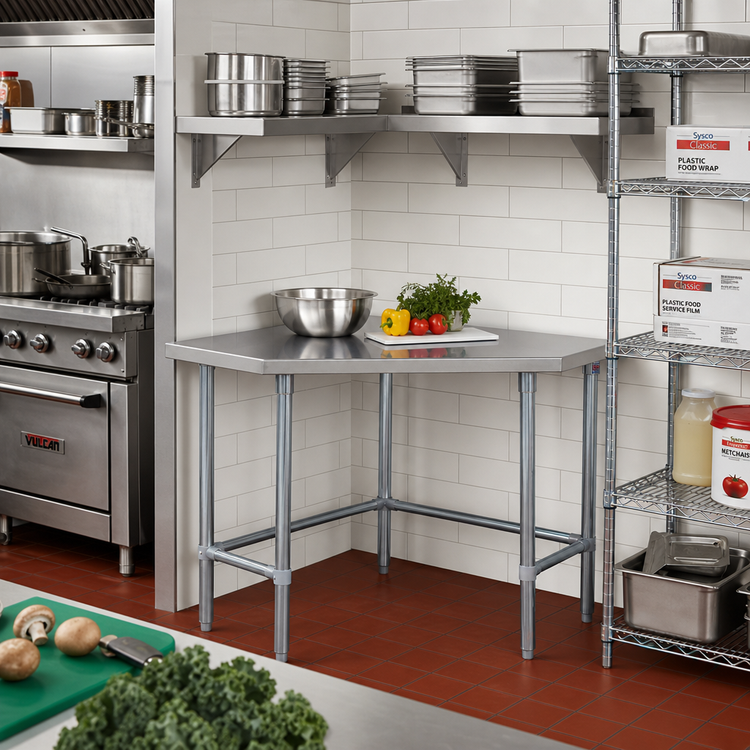 Product image #2 for John Boos Stallion 30-Inch x 30-Inch Corner Stainless Steel Work Table, 16-Gauge Flat Top, Galvanized Base