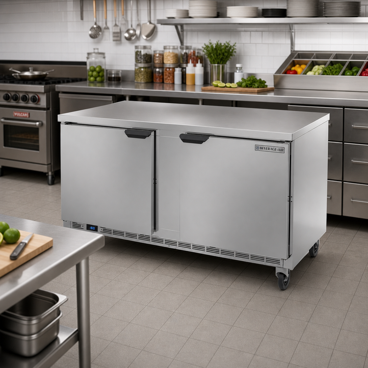 Product image #2 for Beverage Air 60-Inch Two-Section Worktop Freezer, 14.39 Cu. Ft., Flat Top, Solid Doors, Rear-Mounted Self-Contained R290 Refrigeration