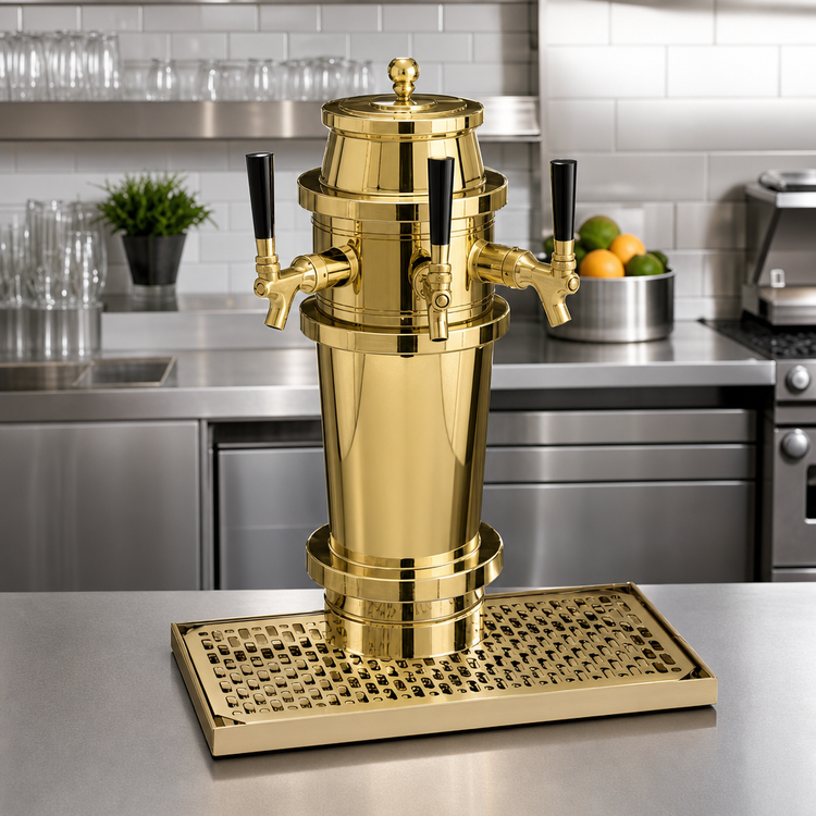 Product image #2 for Glastender Roman Draft Dispensing Tower with 2 Faucets, Polished Brass, Air Cooled, Countertop Mount
