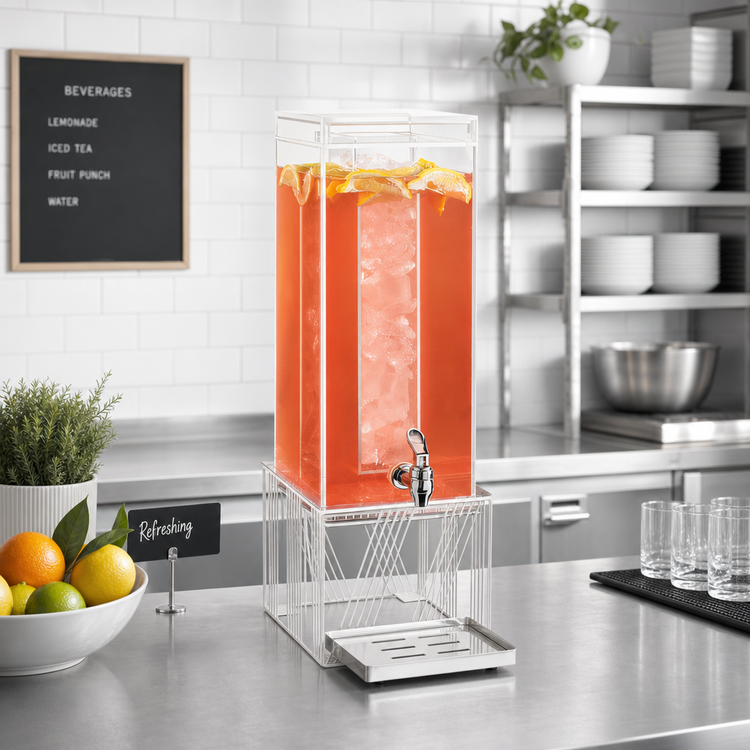 Product image #3 for Portland 3 Gallon Square Acrylic Beverage Dispenser with Ice Chamber, Drip Tray, and Spigot - White