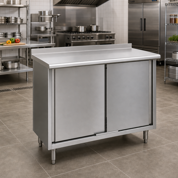 Product image #2 for Spec-Master 96 x 30 Inch Stainless Steel Enclosed Work Table with Sliding Doors and 1-1/2 Inch Rear Up-Turn