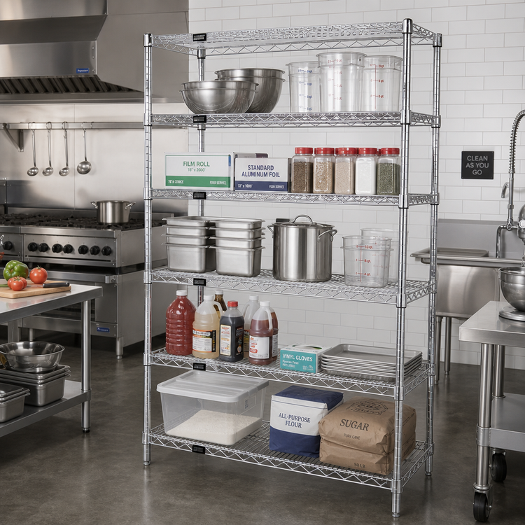 Product image #2 for Quantum 5-Shelf Wire Shelving Starter Kit, 48"W x 12"D x 86"H, Chrome Plated, 600-800 lb. Capacity