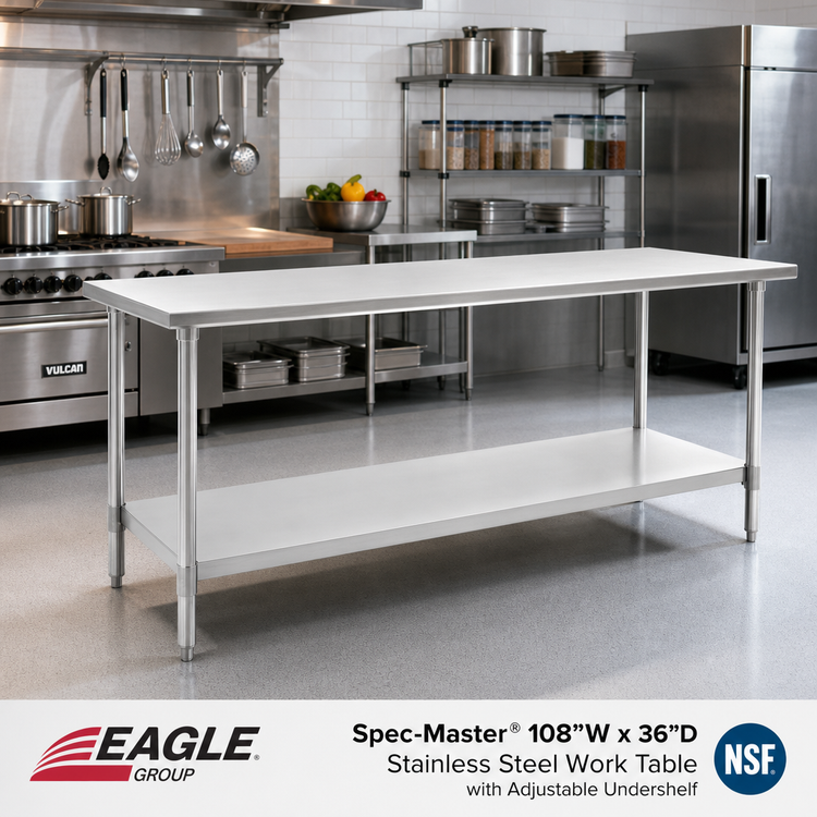 Product image #2 for Eagle Spec-Master 108" W x 36" D Flat Top Stainless Steel Work Table with Adjustable Undershelf