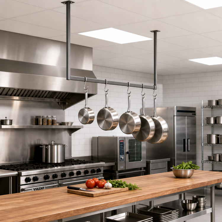 Product image #2 for John Boos Ceiling-Mounted Single-Bar Stainless Steel Pot Rack with 5 Double Hooks, 55-1/4-Inch Overall Width