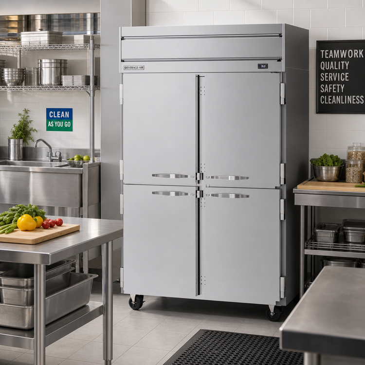 Product image #2 for Beverage-Air Horizon Series Two-Section Reach-In Refrigerator with 4 Half Solid Doors, Top-Mount Self-Contained, 46.88 Cu. Ft.