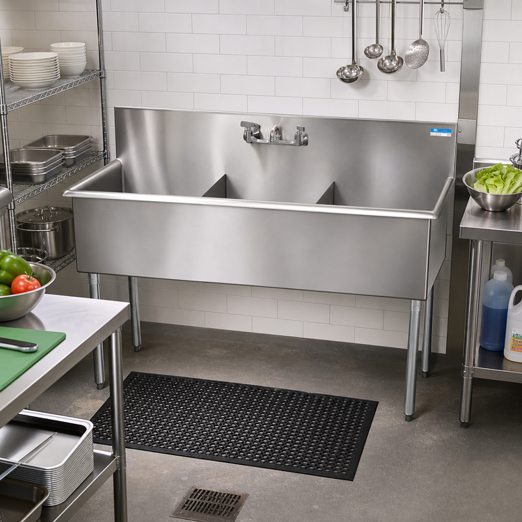 Product image #2 for BK Resources Budget 3-Compartment Stainless Steel Sink with 8-Inch Backsplash, 57 x 21-1/2 x 41 Inches