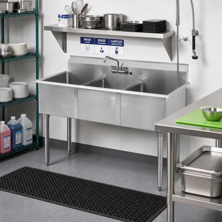 Product image #2 for Sapphire Manufacturing SMSQ1221-3 3-Compartment Budget Sink, 39 Inch W x 24-1/2 Inch D, 18-Gauge 430 Stainless Steel