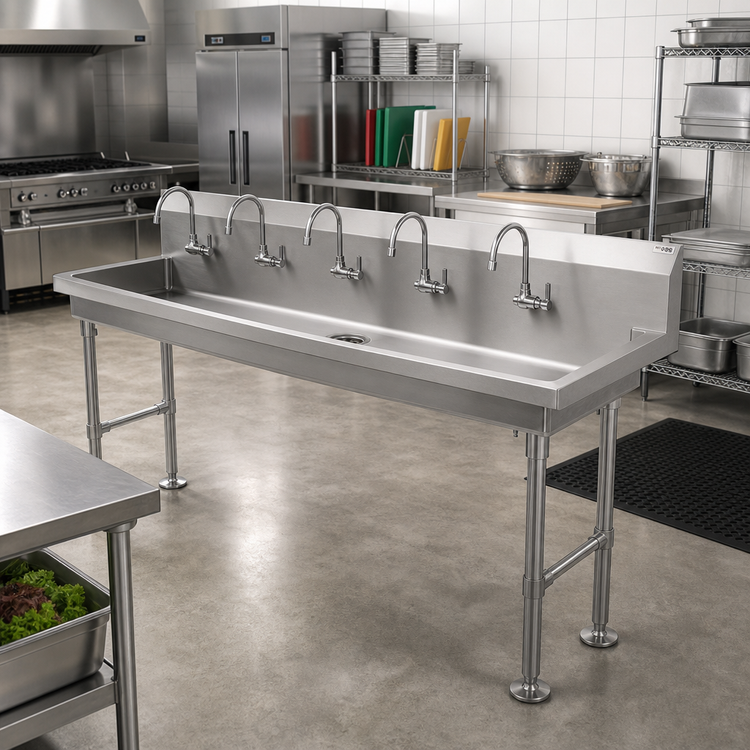 Product image #2 for John Boos Freestanding Multi-Station Hand Wash Sink, 100 Inches Wide, 5 Faucet Holes, Stainless Steel