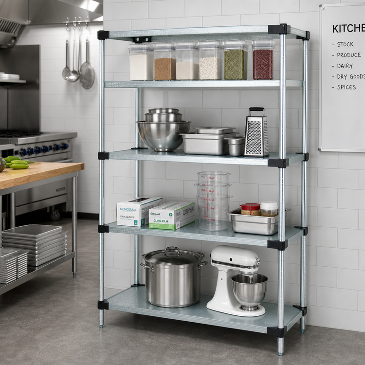 Product image #2 for Quantum Solid Shelving Starter Kit, 54 x 18 x 63 Inches, Galvanized Steel Shelves, Chrome Posts