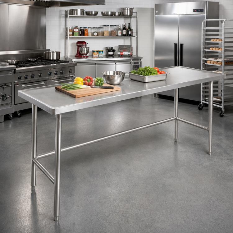 Product image #2 for Advance Tabco 120 Inch x 36 Inch 14 Gauge 304 Stainless Steel Work Table with Non-Drip Edge and Open Base