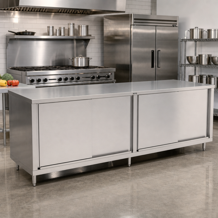 Product image #2 for John Boos 108 Inch x 24 Inch Stainless Steel Enclosed Work Table with Sliding Doors and Flat Top