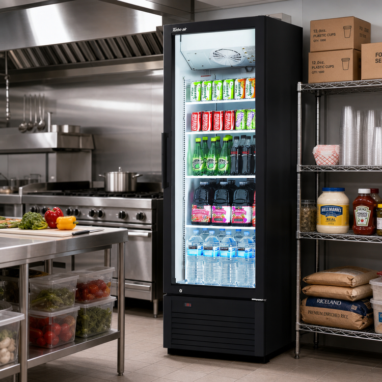 Product image #3 for Turbo Air Super Deluxe 19.02 Cu. Ft. Single-Section Glass Door Refrigerated Merchandiser, Bottom-Mounted, Right-Hinged
