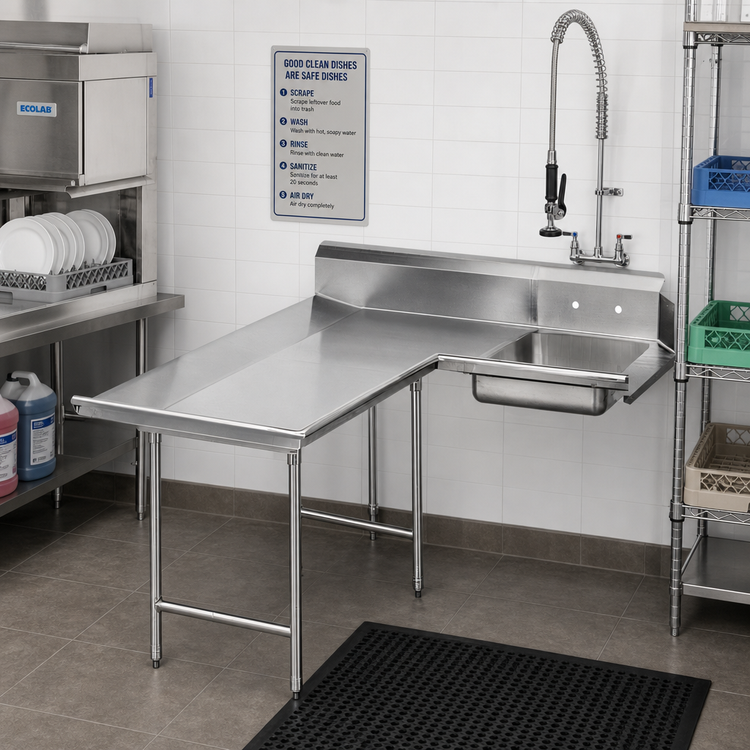 Product image #2 for Advance Tabco Left-Hand L-Shaped Dish Landing Soil Dishtable with Pre-Rinse Sink, 59 Inches Long, 304 Stainless Steel