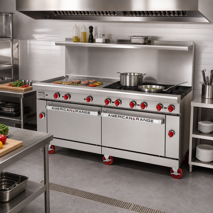 Product image #2 for American Range 72-Inch Commercial Gas Range with 36-Inch Griddle, 6 Open Burners, Convection Oven, and Storage Base