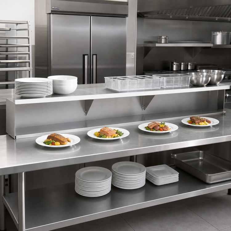 Product image #2 for Advance Tabco TDS-6 Stainless Steel Add-On Dish Shelf for TCB Series Food Table Shelves, 93-1/16"W x 7"D