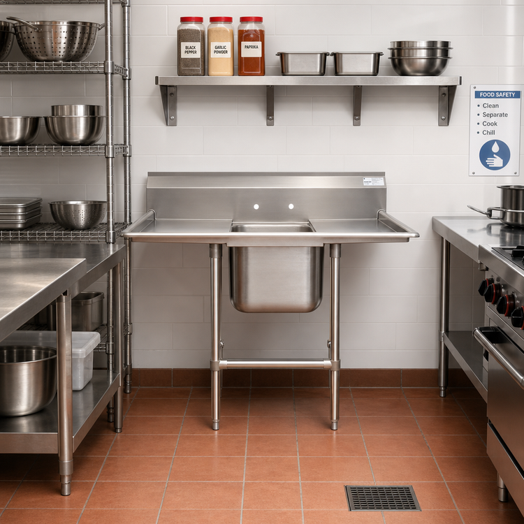 Product image #2 for Regaline 1-Compartment Sink with Left & Right Drainboards, 20" x 28" Bowl, 14-Gauge 304 Stainless Steel