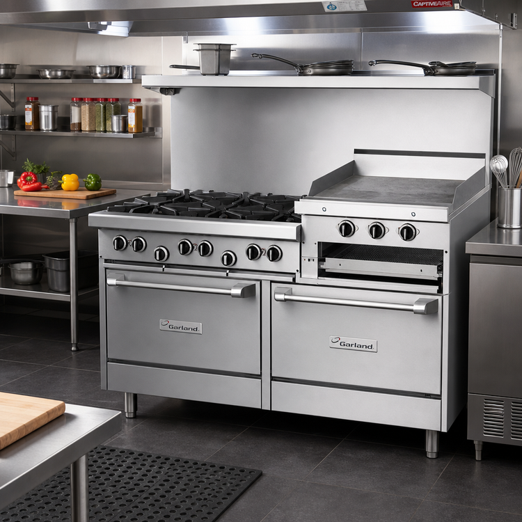 Product image #2 for Garland US Range U Series 60-Inch Commercial Gas Range with 6 Open Burners, 24-Inch Raised Griddle/Broiler, and 2 Standard Ovens