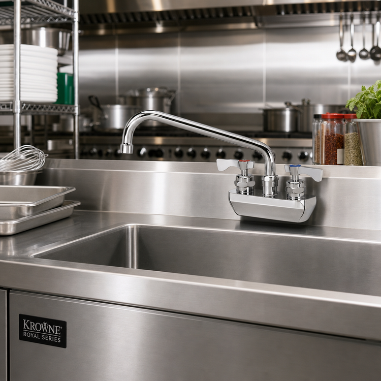 Product image #2 for Krowne Royal Series Splash-Mounted Commercial Faucet with 10-Inch Swing Spout, 4-Inch Centers, and Ceramic Valves