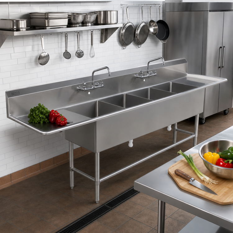 Product image #2 for John Boos Pro-Bowl 4-Compartment Stainless Steel Sink with Left & Right Drainboards, 16-Gauge, 115-1/4-Inch Wide
